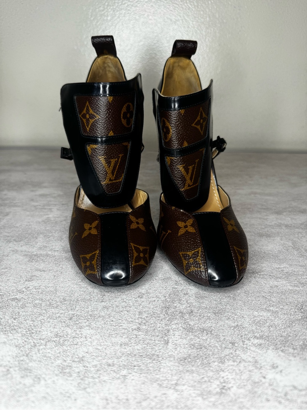 Louis Vuitton Brown Monogram & Black Leather Ankle Strap Heels